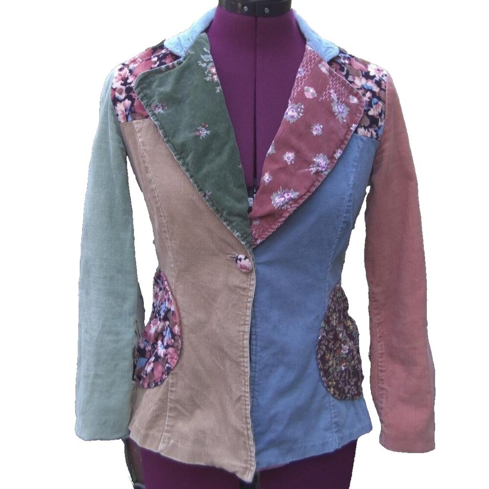 Patchwork Floral Corduroy 1970s Vintage Jacket Cotton XS